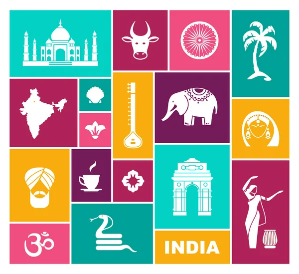 Ícones da Índia. Ícone vetorial plano com símbolos tradicionais —  Vetores de Stock