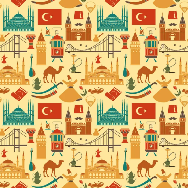 Padrão de cultura país Turquia e símbolos tradicionais. Fundo sem costura —  Vetores de Stock