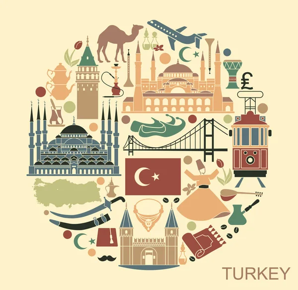 Los símbolos turísticos tradicionales de Turquía en forma de círculo — Archivo Imágenes Vectoriales