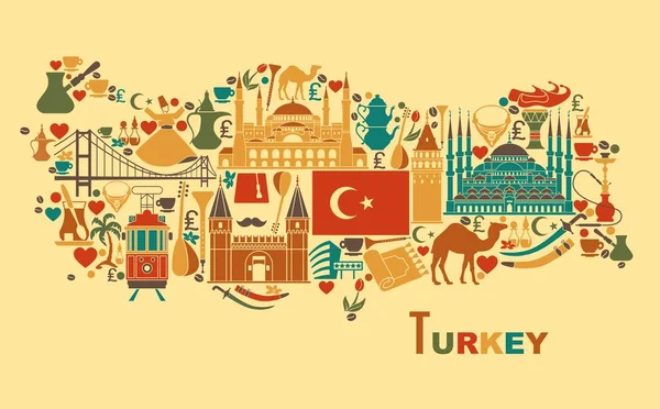 Símbolos turísticos tradicionais da Turquia sob a forma de mapa —  Vetores de Stock