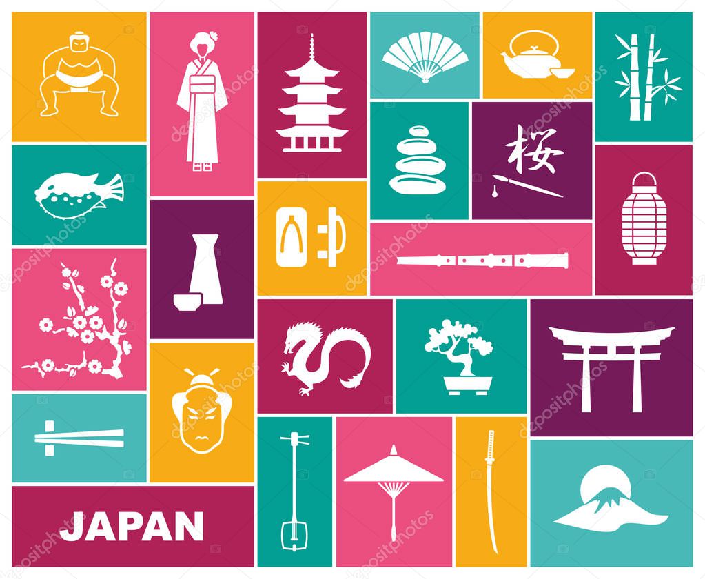 Japan icons. Vector illustration. Flat icon traditional symbols of Japan