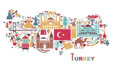 Ülke Kültür Bakanlığı ve geleneksel simgeler kümesi. Simgeler Camii ve kule, nargile, çay, harita şeklinde müzik aletleri koleksiyonu