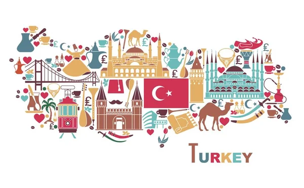 Set Country Turkey Culture Traditional Symbols Collection Icons Mosque Tower — Stock Vector