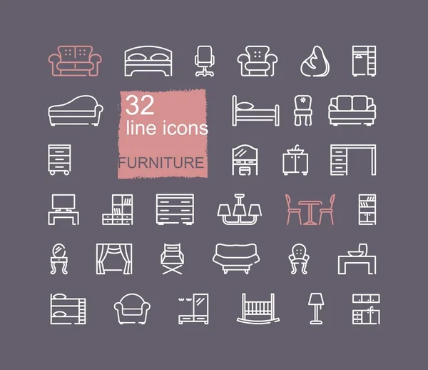 Lijn meubels iconen set. Vectorillustratie in lineaire stijl — Stockvector