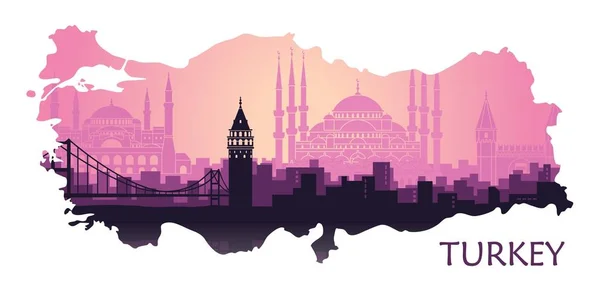 Landscape of the Turkish city of Istanbul. Abstract skyline with the main attractions in the form of a map of Turkey — Stock Vector