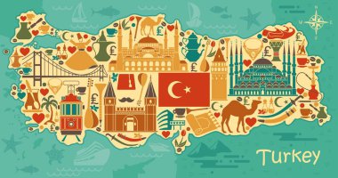 Ülke Kültür Bakanlığı ve geleneksel simgeler kümesi. Simgeler Camii ve kule, nargile, çay, harita şeklinde müzik aletleri koleksiyonu