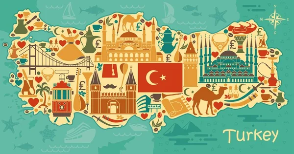 Set Country Turkey Culture Traditional Symbols Collection Icons Mosque Tower — Stock Vector