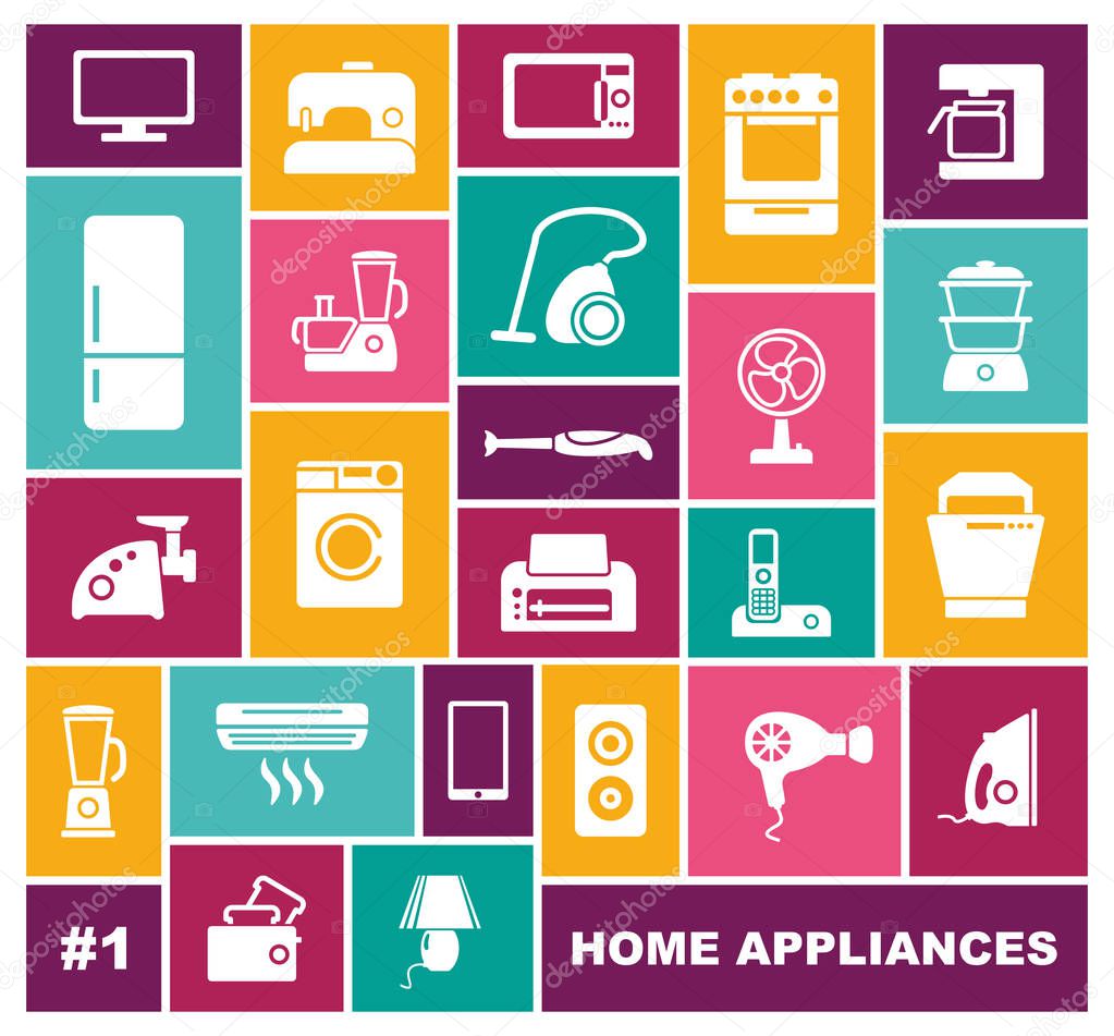 Home appliances icons in flat style. Vector illustration