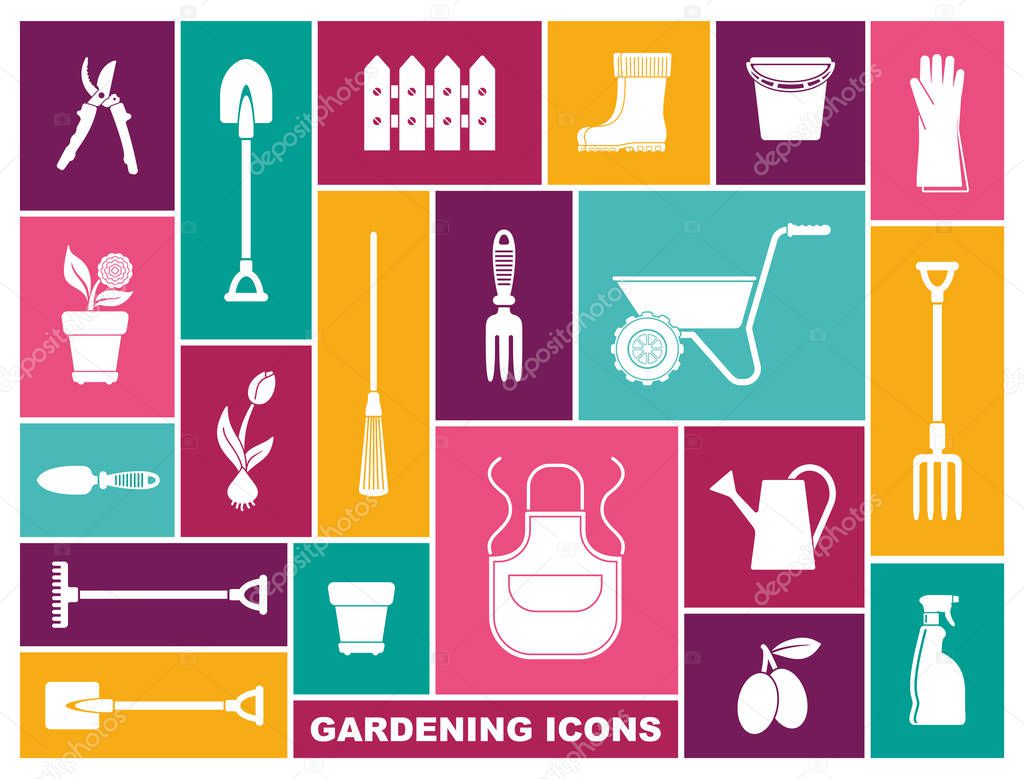 Gardening icons. Vector illustration in flat style