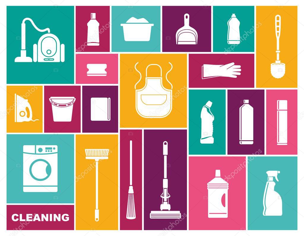 Cleaning icons. Vector illustration in flat style