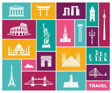 Dünya Landmark Icon Set. Düz vektör çizim