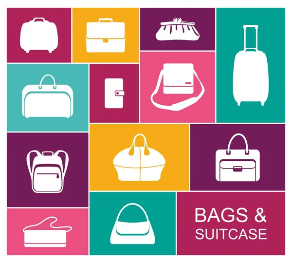 Vector Set Bags Backpacks Suitcases Flat Icons — Stock Vector