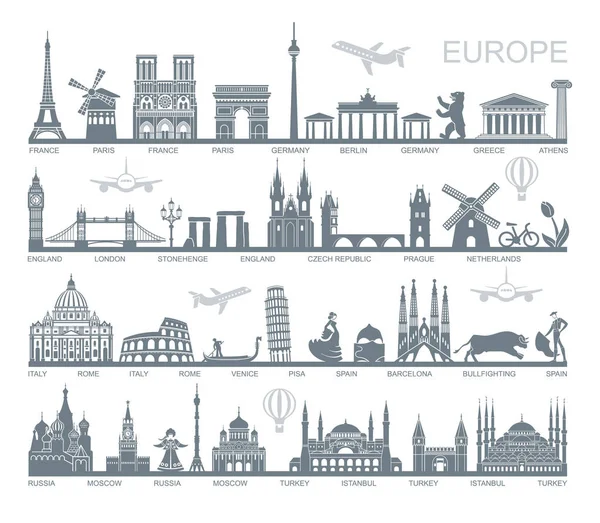 欧洲详细的剪影的汇集 设置旅行地标 矢量插图 布拉格 巴塞罗那 莫斯科罗马雅典柏林伊斯坦布尔 — 图库矢量图片