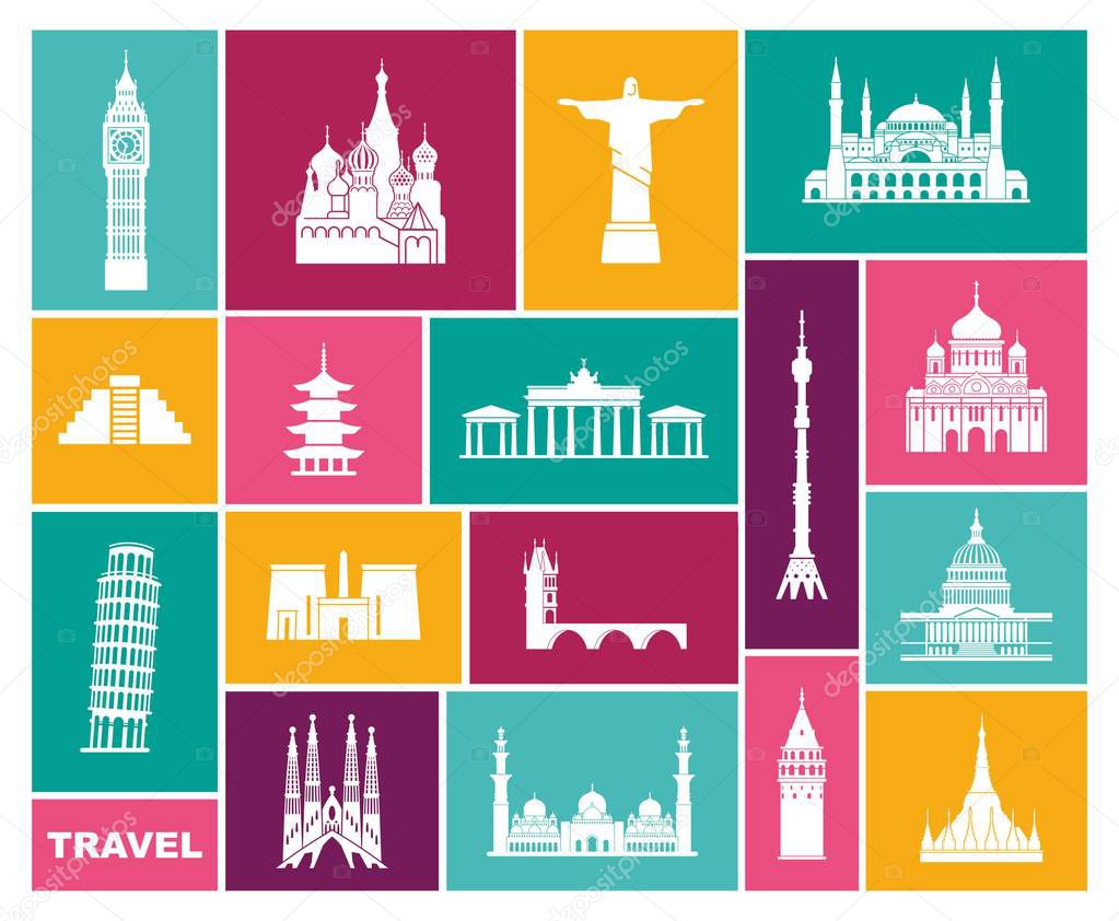 World Landmark Icon Set. Flat vector illustration