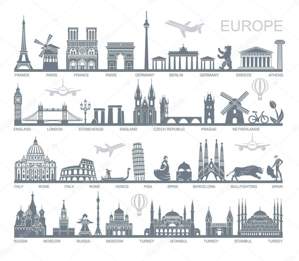 Collection of Europe detailed silhouettes. Set Travel Landmarks. vector illustration. London, Paris, Prague, Barcelona, Moscow Rome Athens Berlin Istanbul