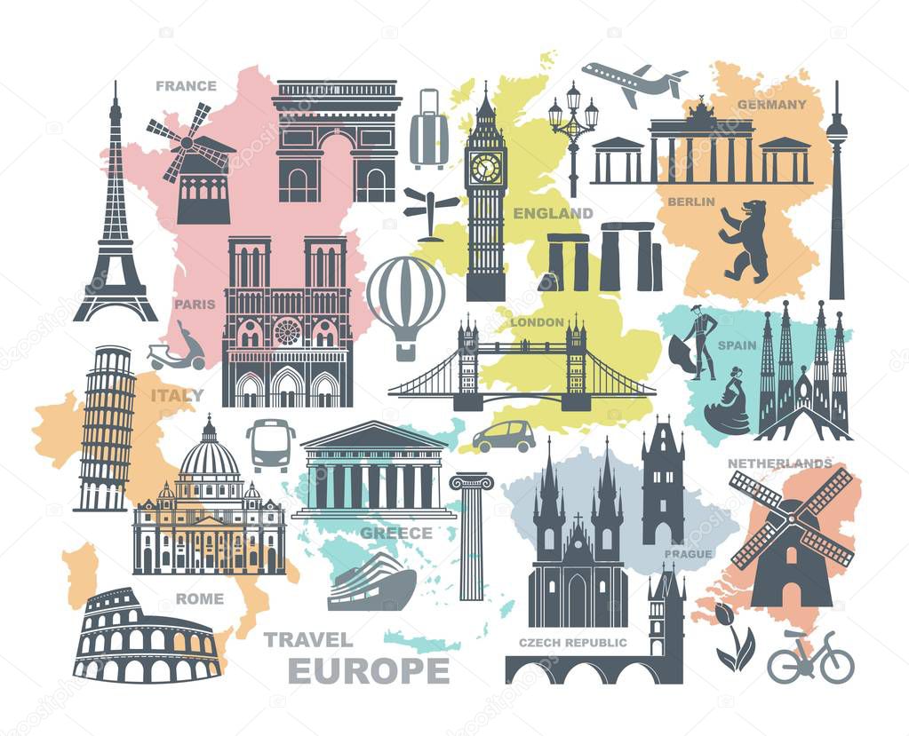 Collection of Europe detailed silhouettes. Set Travel Landmarks. vector illustration