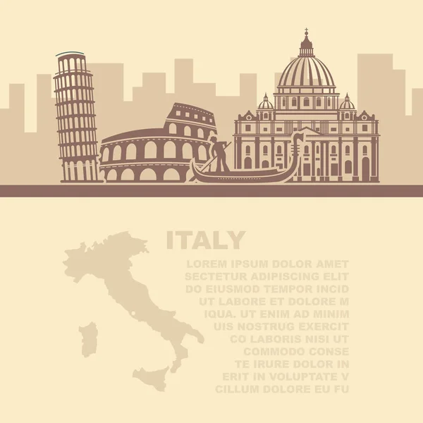 Il modello dei volantini con mappa e attrazioni architettoniche d'Italia — Vettoriale Stock