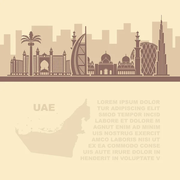 Folhetos de modelos com um mapa das atrações dos Emirados Árabes Unidos e Dubai —  Vetores de Stock