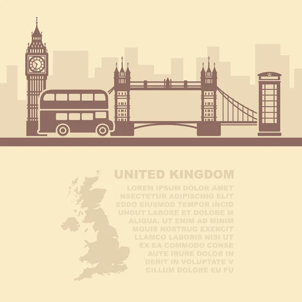 Mall för broschyrer med en karta över Storbritannien och sevärdheter i London — Stock vektor