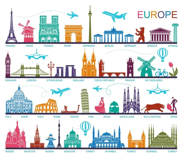 Collection d'Europe silhouettes détaillées. Définir des points de repère de voyage. illustration vectorielle — Image vectorielle