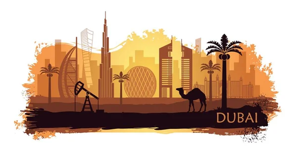Kyline estilizado de Dubai com camelo e tamareira com manchas e salpicos de tinta. Emirados Árabes Unidos —  Vetores de Stock