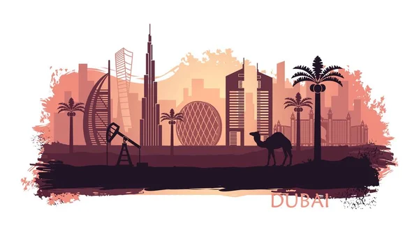 Stylizowane kyline Dubaju z wielbłąda i Data palm z miejsca i odpryski lakieru. Zjednoczone Emiraty Arabskie — Wektor stockowy