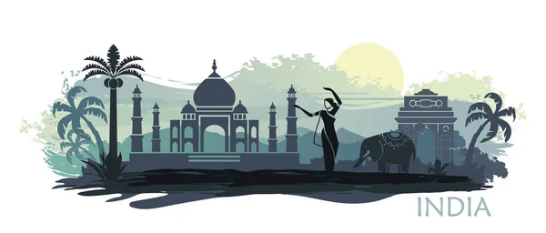 Stylized landscape of India with the Taj Mahal, an elephant and a dancer. Vector background — Stock Vector