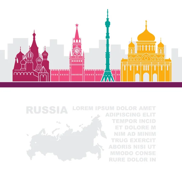 Musterblätter mit einer Karte von Russland und architektonischen Sehenswürdigkeiten von Moskau — Stockvektor