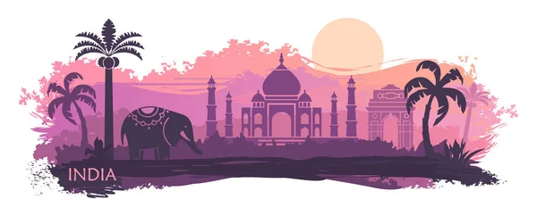 Paisaje estilizado de India con el Taj Mahal y el elefante. Fondo vectorial — Vector de stock