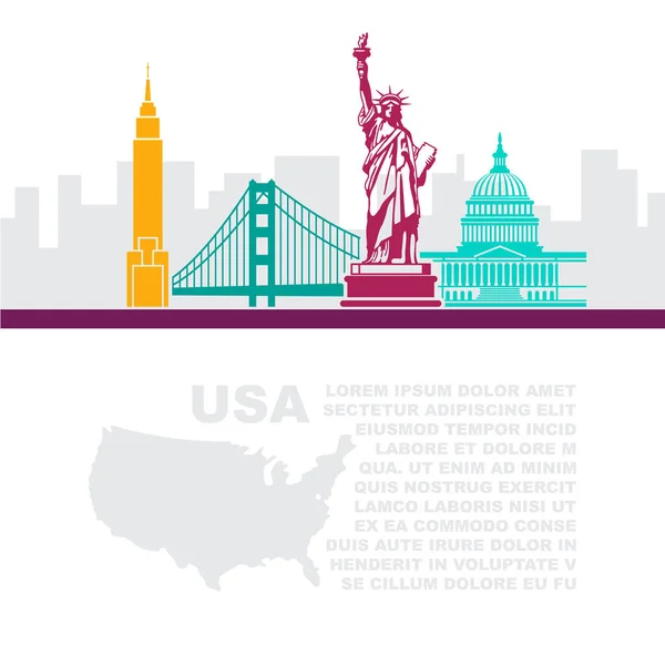 Volantini modello con una mappa e punti di riferimento architettonici degli Stati Uniti e luogo per il testo — Vettoriale Stock