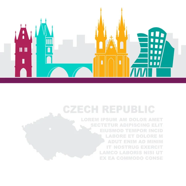 Il modello dei volantini con una mappa della Repubblica Ceca e attrazioni architettoniche di Praga — Vettoriale Stock