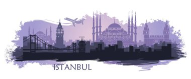Istanbul Türk şehri manzara. Soyut manzarası ile ana yerler. Stilize yatay noktalar ve su sıçramalarına boya