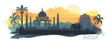 Stylized landscape of India with the Taj Mahal, an elephant and a dancer. Vector background clipart