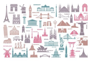 Icons world tourist attractions and architectural landmarks clipart