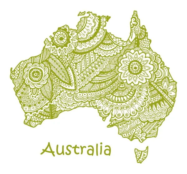 Mapa vetorial texturizado da Austrália. Padrão etno desenhado à mão, fundo tribal . —  Vetores de Stock