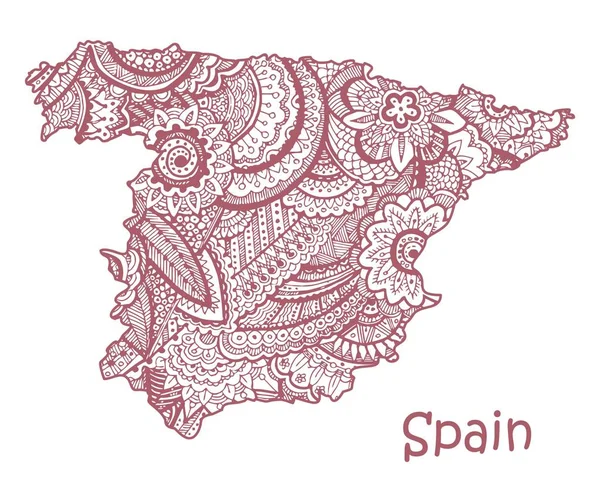 Mapa vetorial texturizado da Espanha. Padrão etno desenhado à mão, fundo tribal . — Vetor de Stock
