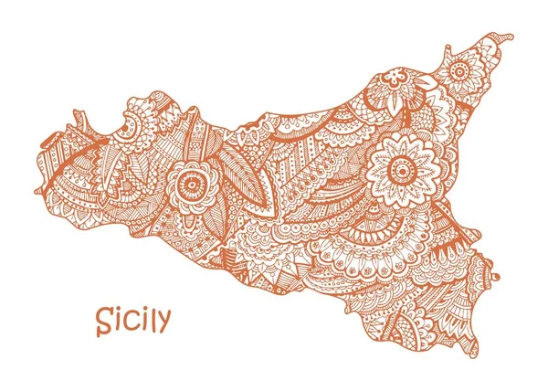 Textured vector map of Sicily. Hand drawn ethno pattern, tribal background. — Stock Vector