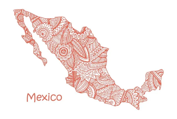 Texturou Vektorová mapa Mexika. Ruky nakreslené etno vzorem, kmenové pozadí. — Stockový vektor