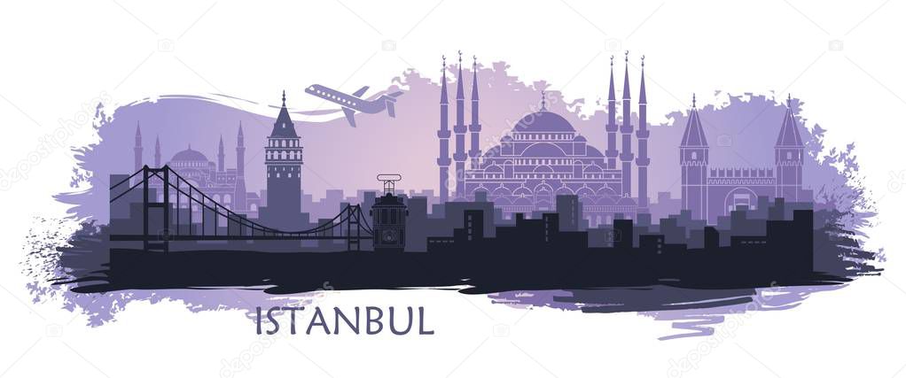 Landscape of the Turkish city of Istanbul. Abstract skyline with the main landmarks. Stylized landscape with spots and splashes of paint