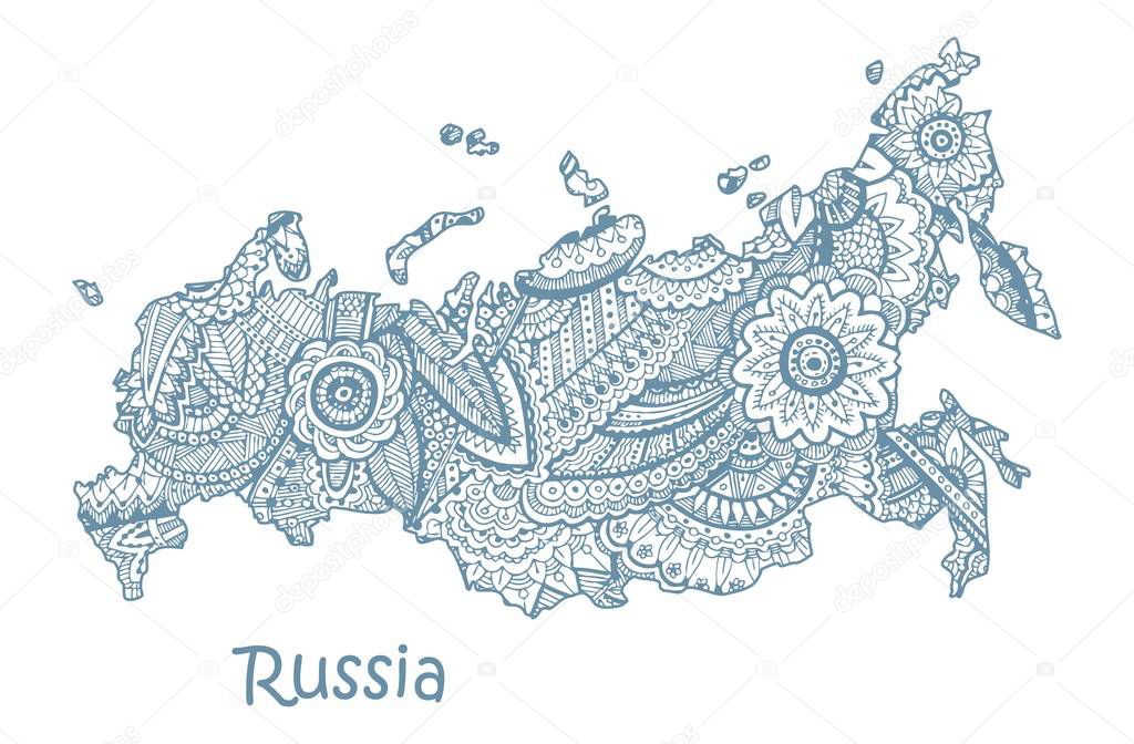 Textured vector map of Russia. Hand drawn ethno pattern, tribal background.
