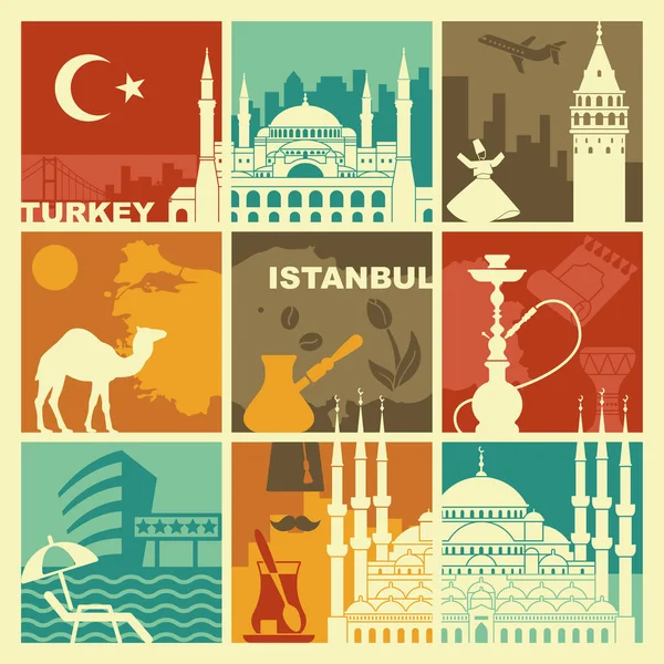 Símbolos tradicionales de Turquía y Estambul. Ilustración vectorial — Vector de stock