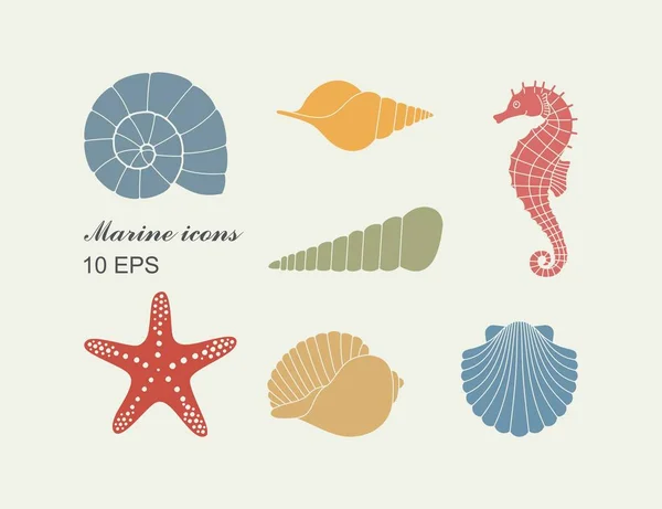 Silhouettes of sea shells, seahorse and starfish — Stock Vector