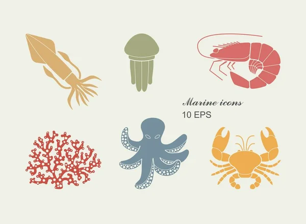 Collection of icons of sea inhabitants in flat style — Stock Vector