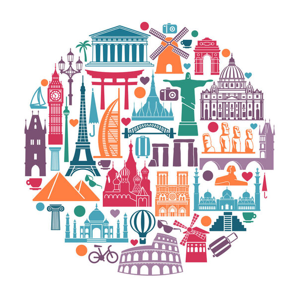 Circle of symbols Icons world tourist attractions and architectural landmarks