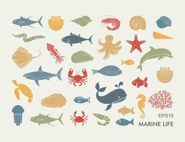 Iconos de la vida marina. Siluetas de habitantes del mar — Vector de stock