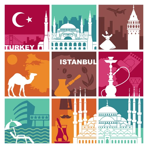 Símbolos tradicionales de Turquía y Estambul. Ilustración vectorial — Vector de stock