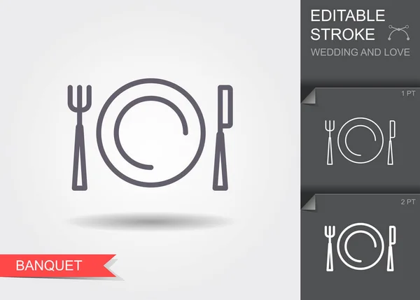 Assiette, fourchette et couteau. Icône de ligne avec ombre et trait modifiable — Image vectorielle