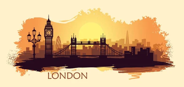 Stilisierte Landschaft Londons mit großem Ben, Tower Bridge und anderen Attraktionen — Stockvektor
