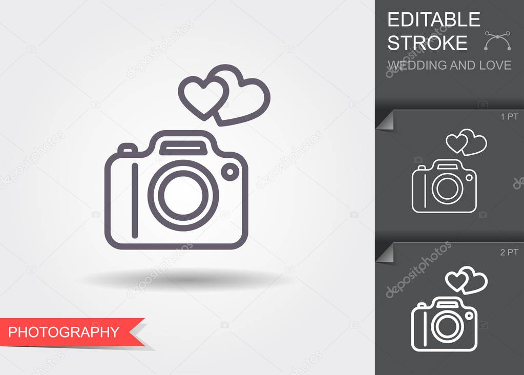 Camera with hearts. Line icon with shadow and editable stroke