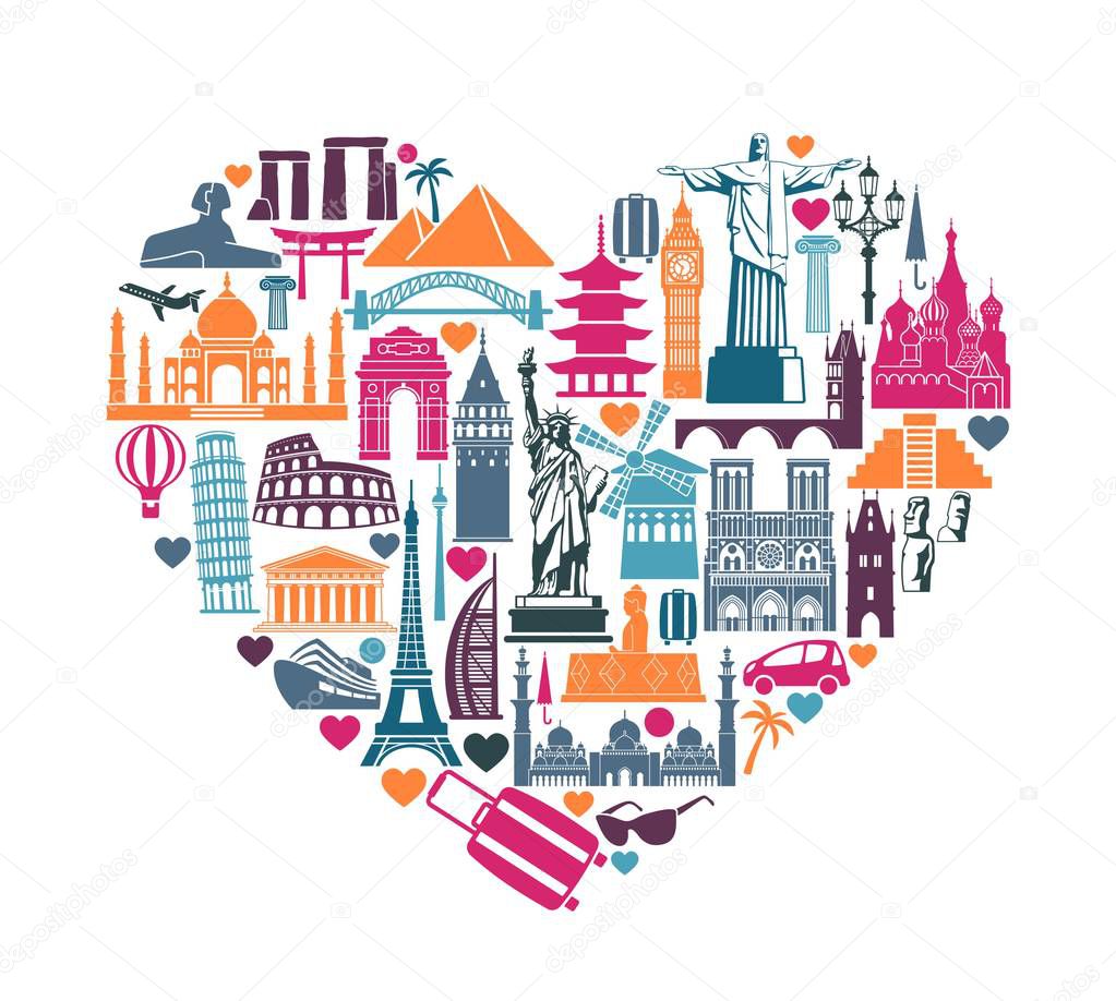 Heart of symbols Icons world tourist attractions and architectural landmarks